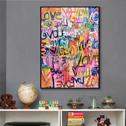 Many Colorful Love Hearts Grafffiti Art Canvas Paintings Posters and Print Pink Wall Art Pictures Living Room Home Cuadros Decor