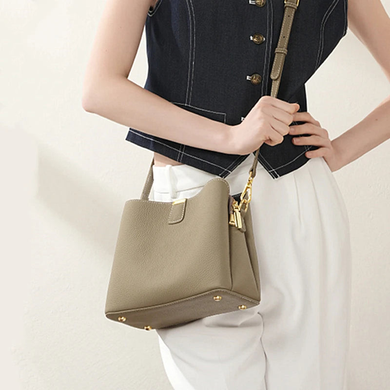 Burminsa Cowhide Genuine Leather Bucket Crossbody Shoulder Bags For Women 2025 Luxury Designer Top Handle Work Ladies Handbags