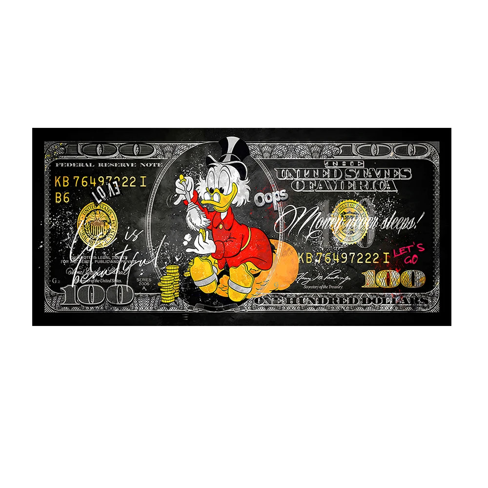 Scrooge McDuck 100 Dollars Pop Art Canvas Posters and Prints Modern Money Graffiti Art Paintings on the Wall Art Pictures Cuadro