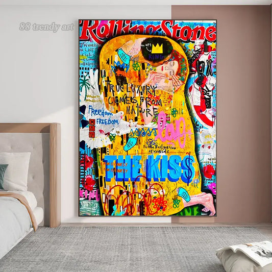 Famous Painting The Kiss By Gustav Klimt Canvas Painting Pop Art Posters and Prints Street Graffiti Wall Art Picture Home Decor