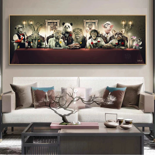 Funny The Last Supper Art Gorilla, Leopard, Lion, French Bulldog Posters Animals Canvas Painting Wall Art Living Room Home Decor