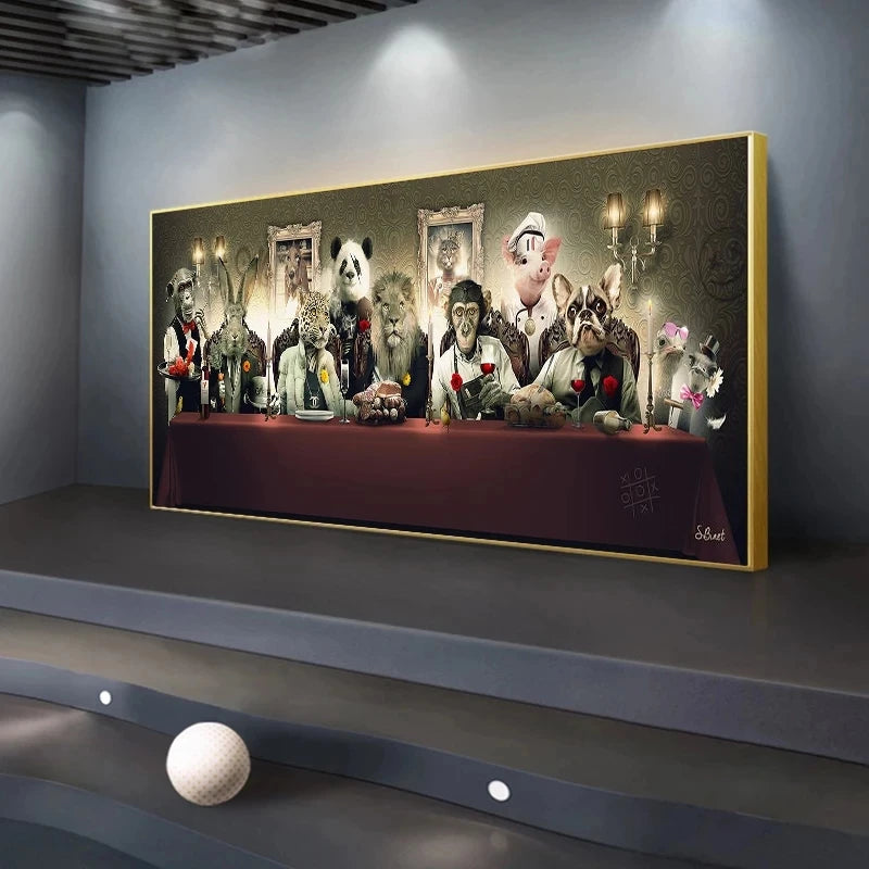 Funny The Last Supper Art Gorilla, Leopard, Lion, French Bulldog Posters Animals Canvas Painting Wall Art Living Room Home Decor