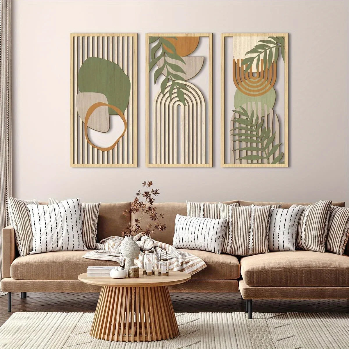 3PCS Sage Green Abstract Wooden Wall Art, Geometric Wood Wall Sculptures, Modern Artwork Neutral Wall Decor