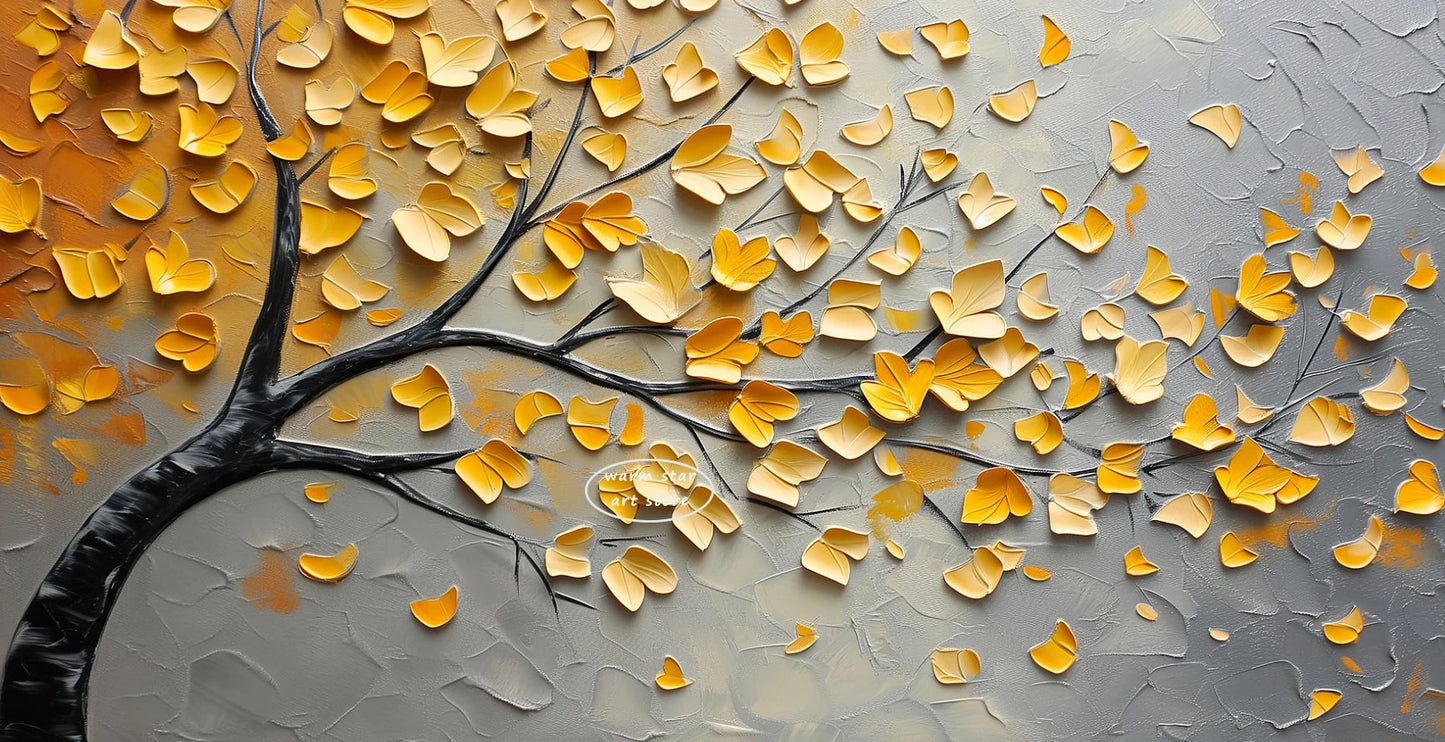 Yellow Blossom Flower Leaves Painting Print Blooming Tree Wall Art Textured Tree of Life Canvas Wall Art Nature Art Home Decor