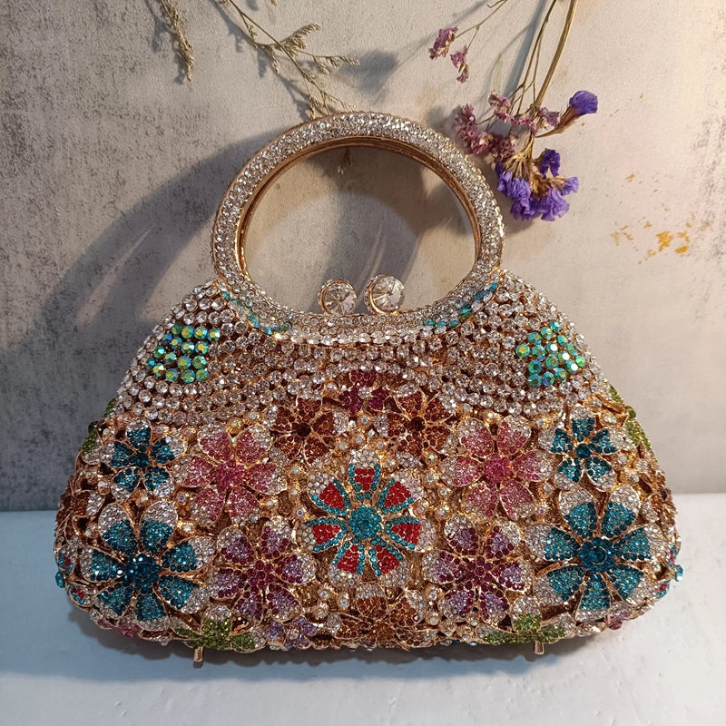 Gold Stones Handbags For Women Blue/Green Evening Clutch Bag Female Chain Wedding Cellphone Clutches Top-Handle Totes Handbag