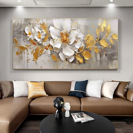 Handmade Abstract Knife 3D Gold Flower Pictures Home Decor Wall Art 100% Hand Painted Flowers Oil Painting on Canvas Paintings