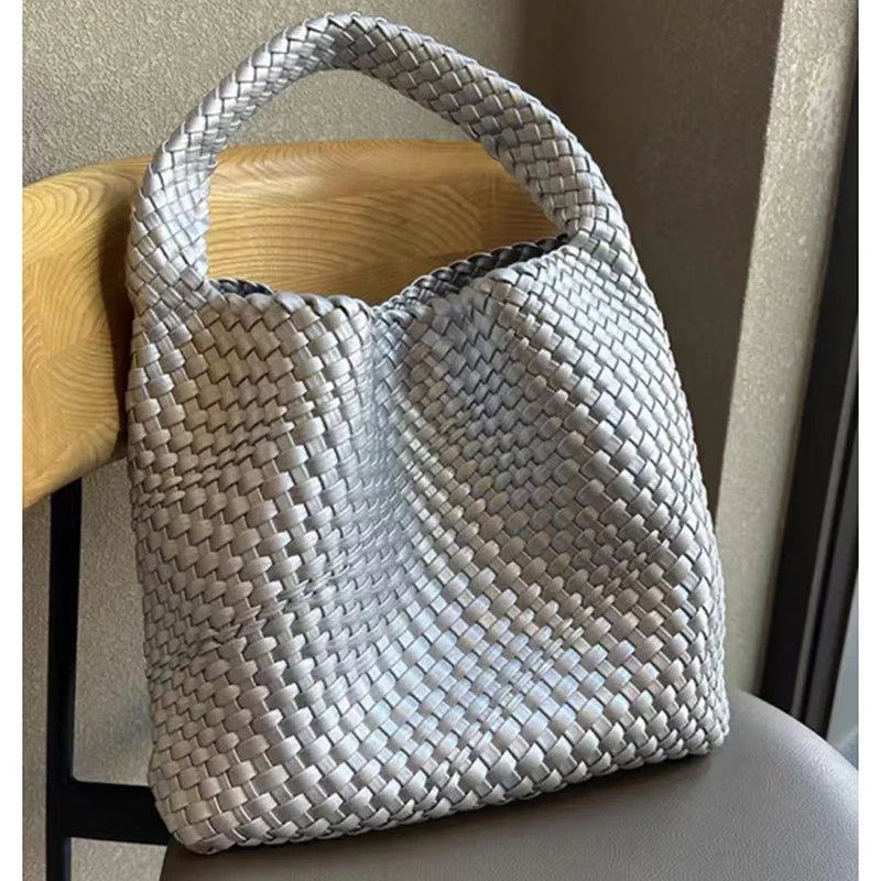 2025 Fashion Soft Hobo Weave Shoulder Handbag With Insert Organizer Woven Vegan Leather Top-handle Tote All-Match Underarm Bag