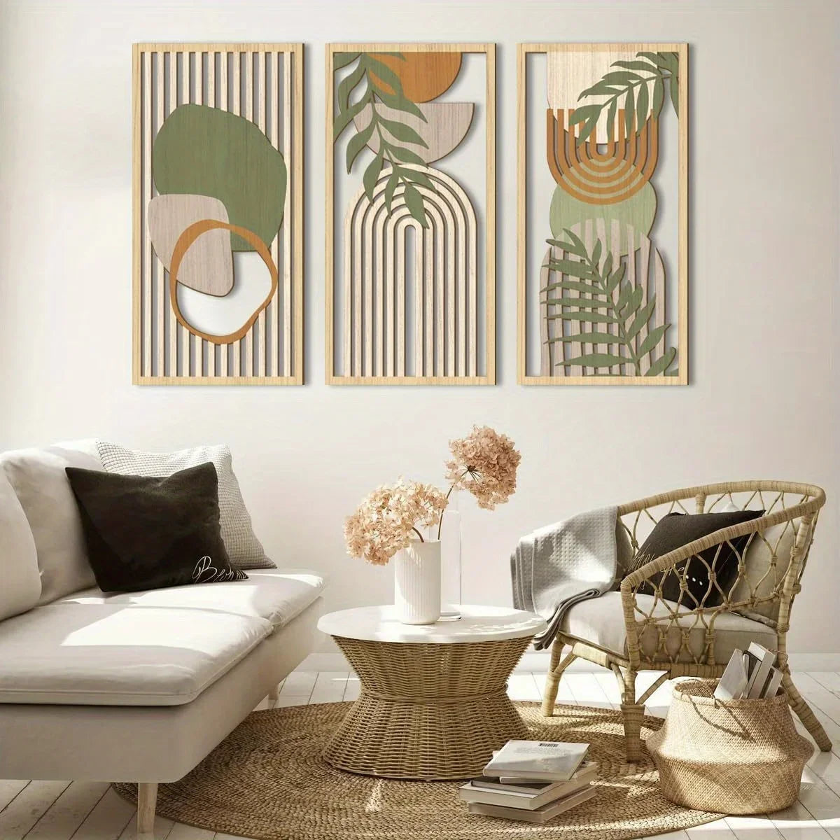 3PCS Sage Green Abstract Wooden Wall Art, Geometric Wood Wall Sculptures, Modern Artwork Neutral Wall Decor