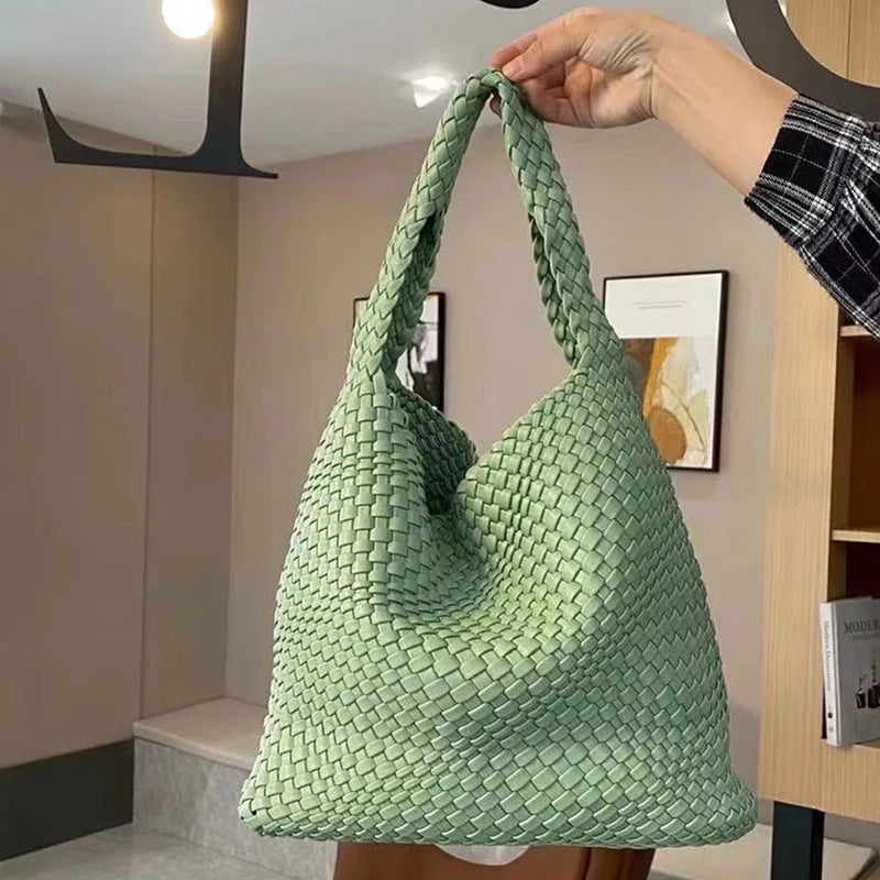 2025 Fashion Soft Hobo Weave Shoulder Handbag With Insert Organizer Woven Vegan Leather Top-handle Tote All-Match Underarm Bag