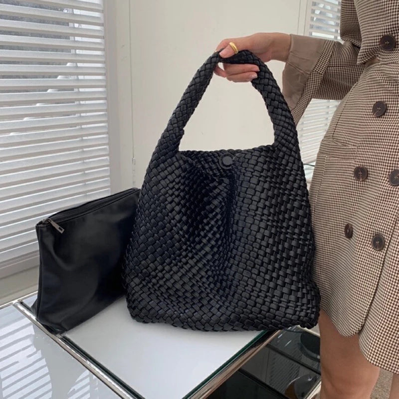 2025 Fashion Soft Hobo Weave Shoulder Handbag With Insert Organizer Woven Vegan Leather Top-handle Tote All-Match Underarm Bag
