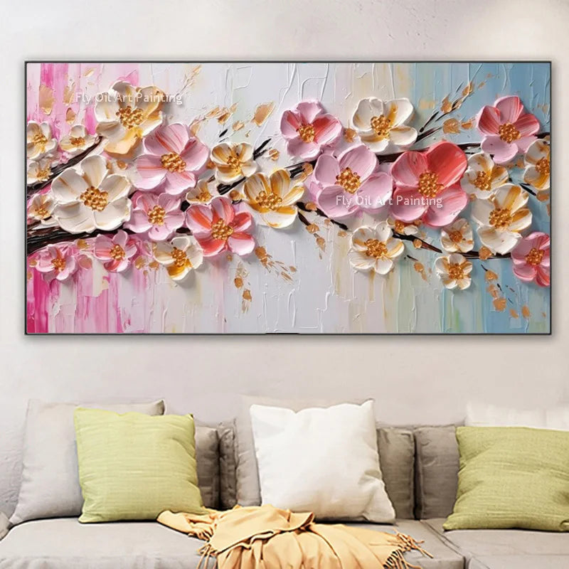 Handmade Abstract Knife 3D Gold Flower Pictures Home Decor Wall Art 100% Hand Painted Flowers Oil Painting on Canvas Paintings