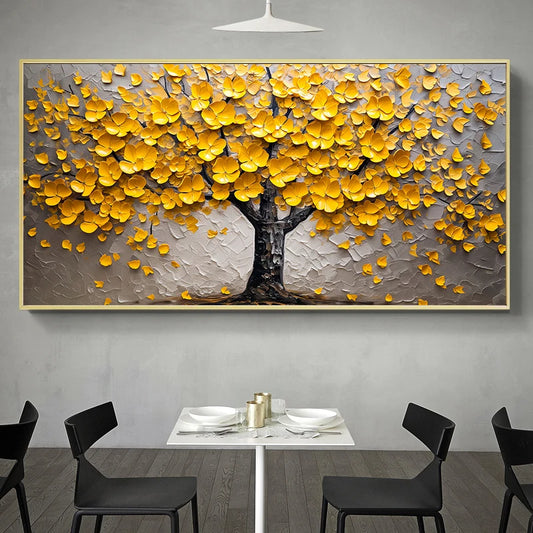 Yellow Blossom Flower Leaves Painting Print Blooming Tree Wall Art Textured Tree of Life Canvas Wall Art Nature Art Home Decor