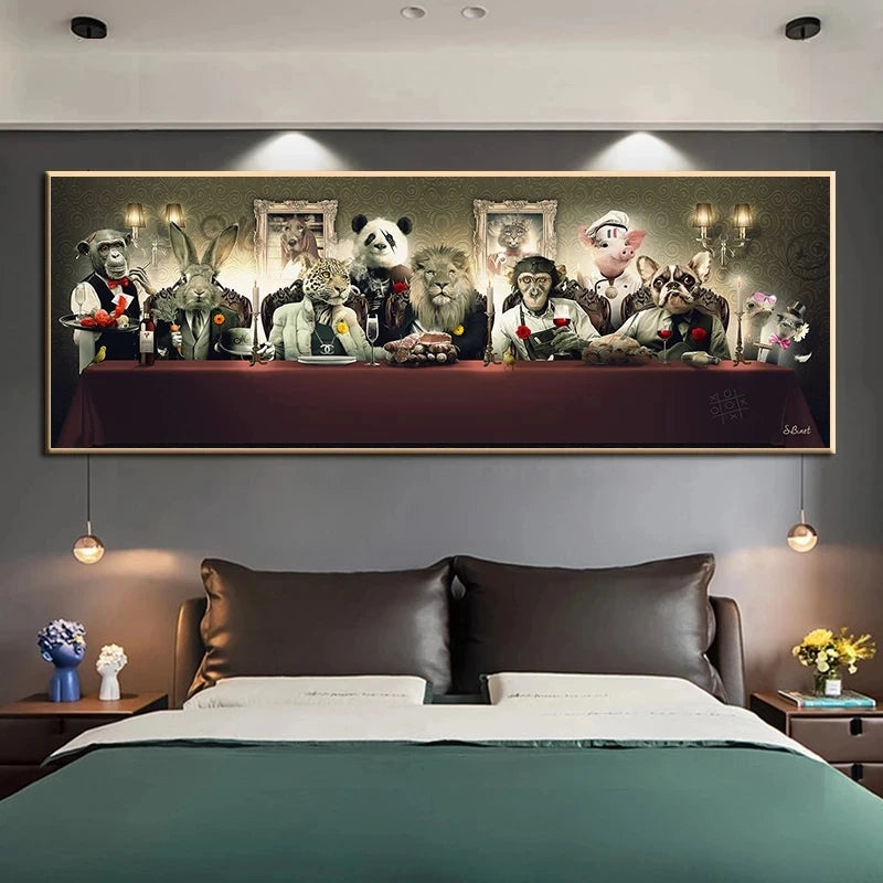 Funny The Last Supper Art Gorilla, Leopard, Lion, French Bulldog Posters Animals Canvas Painting Wall Art Living Room Home Decor