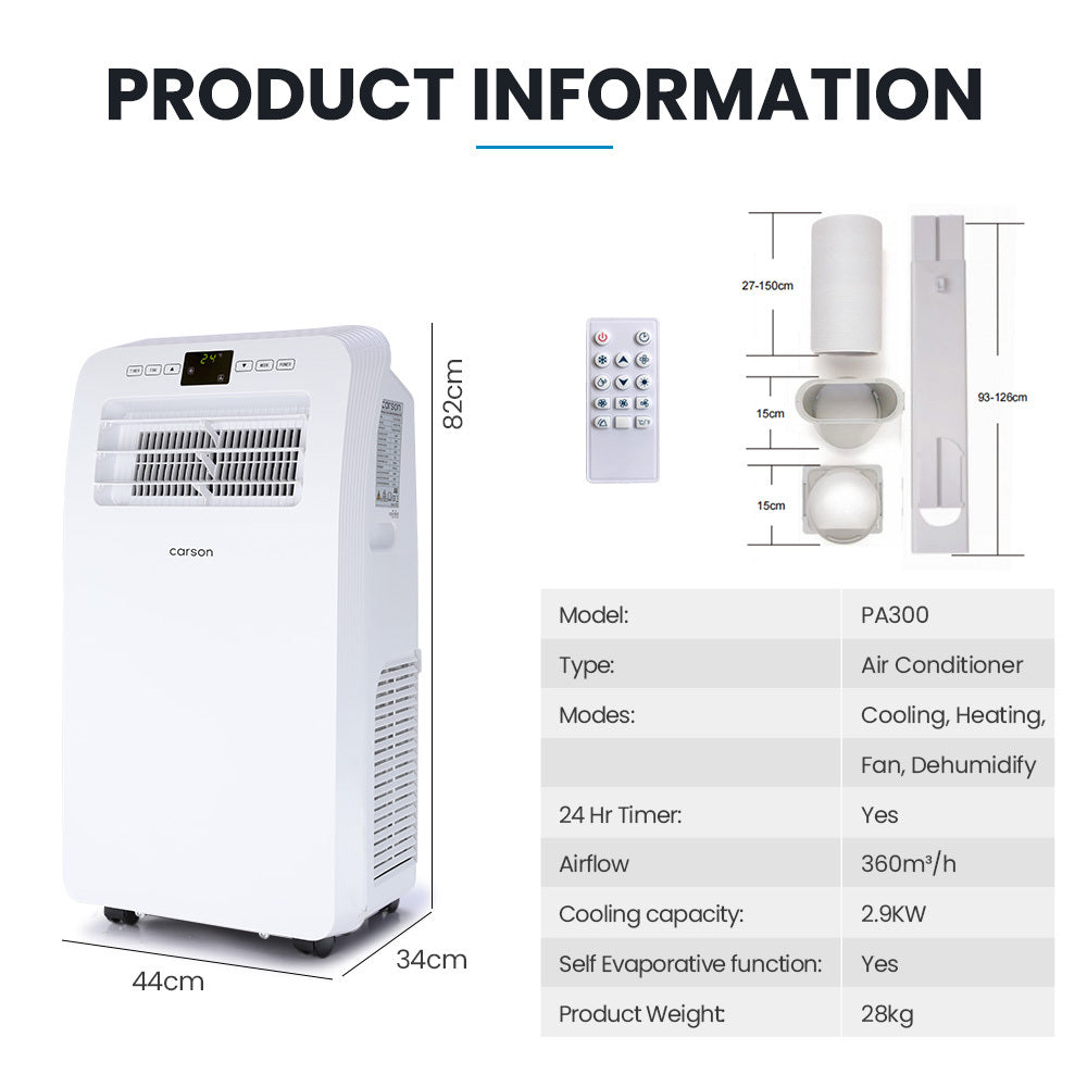 CARSON 2.9kW Reverse Cycle Portable Air Conditioner and Heater, with Dehumidifier, Cooling and Heating AC