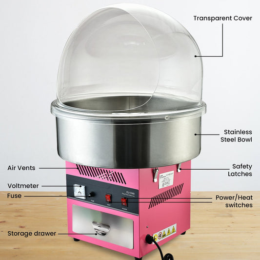 EUROCHEF 1100W Commercial Fairy Floss Machine, Cotton Candy Maker with Bubble Cover