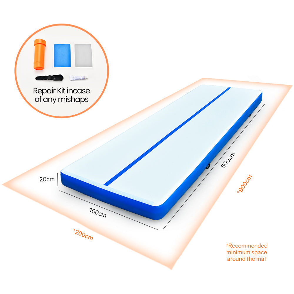 PROFLEX 800x100x20cm Inflatable Air Track Mat Tumbling Gymnastics, Blue & White (No Pump)