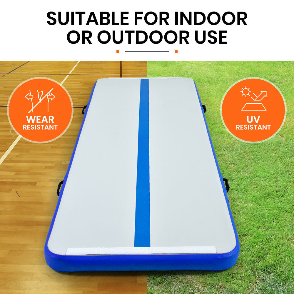 PROFLEX 400x100x10cm Inflatable Air Track Mat Tumbling Gymnastics, Blue & White, with Electric Pump