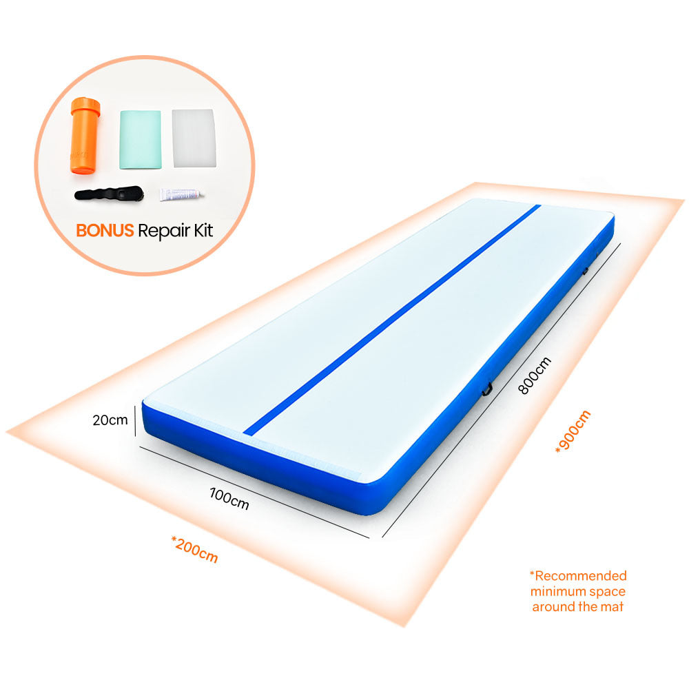 PROFLEX 800x100x10cm Inflatable Air Track Mat Tumbling Gymnastics, Blue & White, with Electric Pump