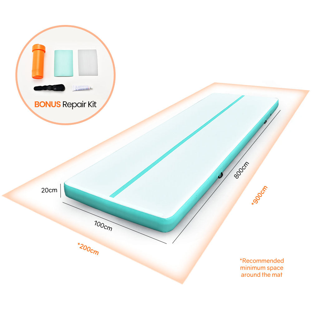 PROFLEX 800x100x20cm Inflatable Air Track Mat Tumbling Gymnastics, Mint & Grey, with Electric Pump