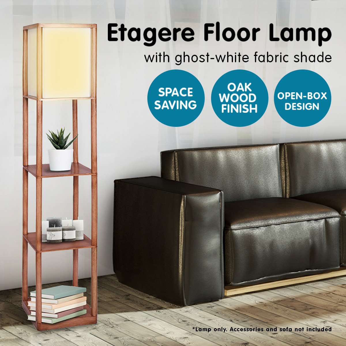 Sarantino Etagere Floor Lamp Ghost-White Fabric Shade in Wood Finish