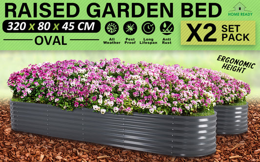 2X Raised Garden Bed Galvanised Steel Planter Oval 320 x 80 x 45cm GREY