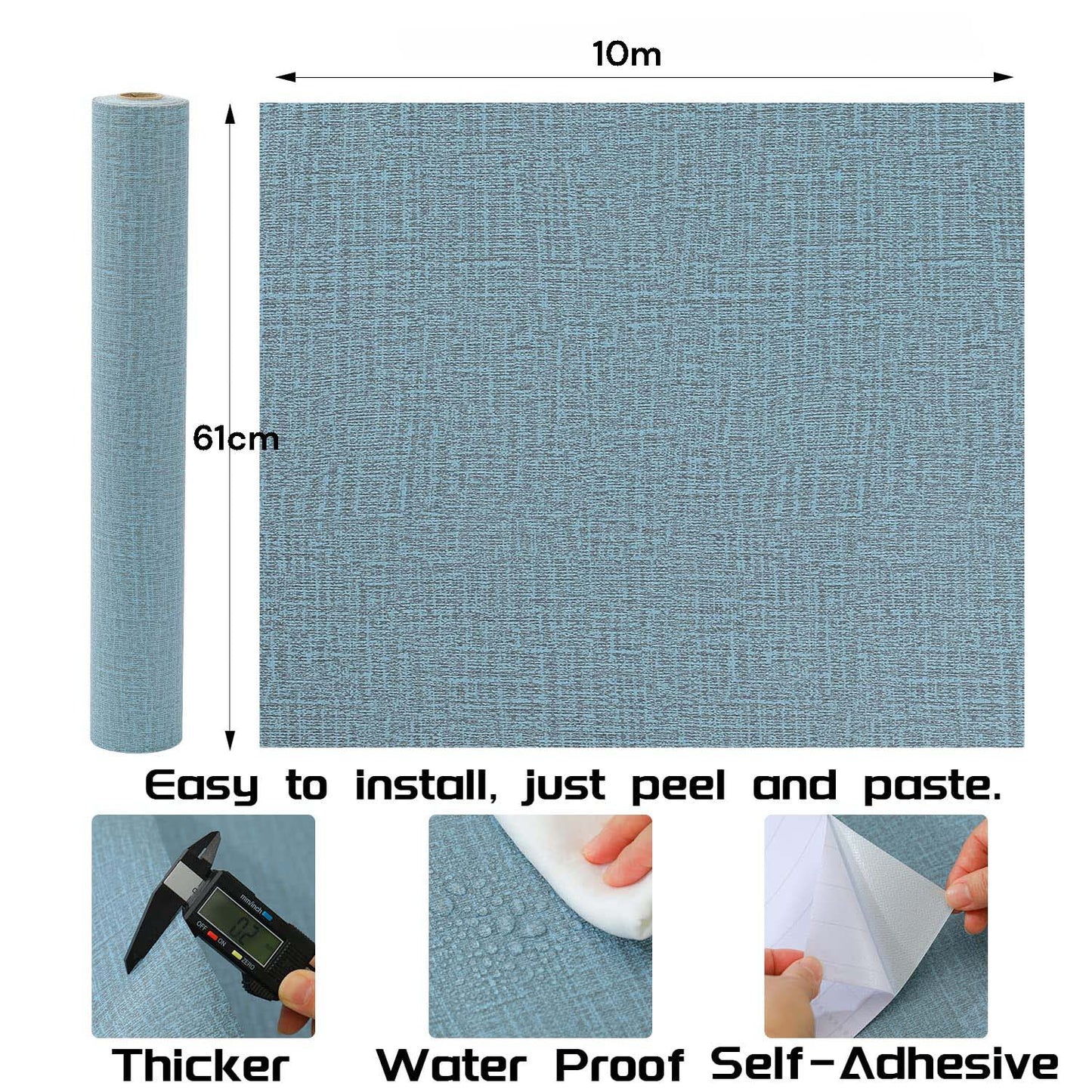 61cm x 10m Green Wallpaper Decor Faux Grasscloth Paper Wall Paper Self Adhesive Removable Blue