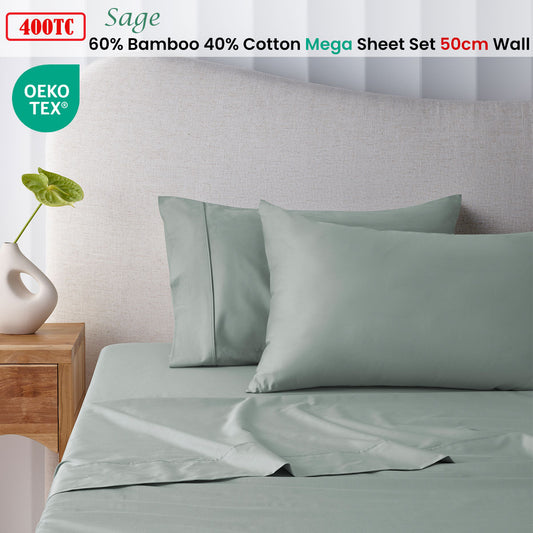 Accessorize 400TC Sage Bamboo Cotton Mega / Super Sheet Set 50cm Wall Super King