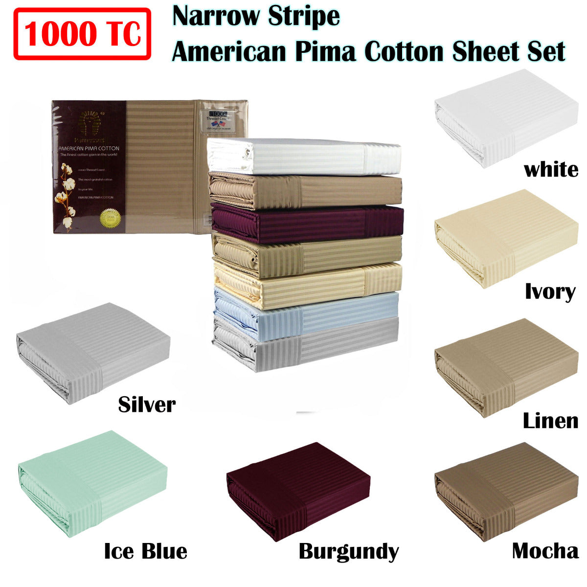 Ramesses 1000TC American Pima Cotton Narrow Stripe Sheet Set Ice Blue Queen