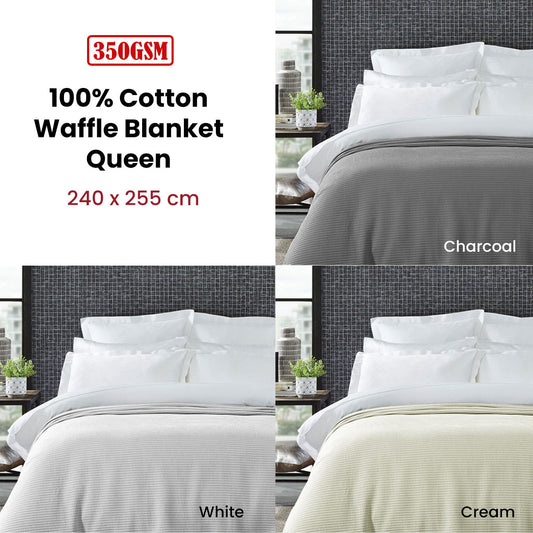 Living @ Home 350gsm 100% Cotton Breathable Waffle Blanket Queen 240 x 255 cm Charcoal