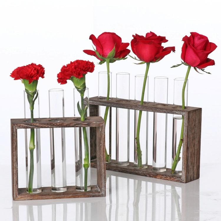 Minimalist Hydroponic Glass Vase with Wooden Frame for Coffee Shop Decor