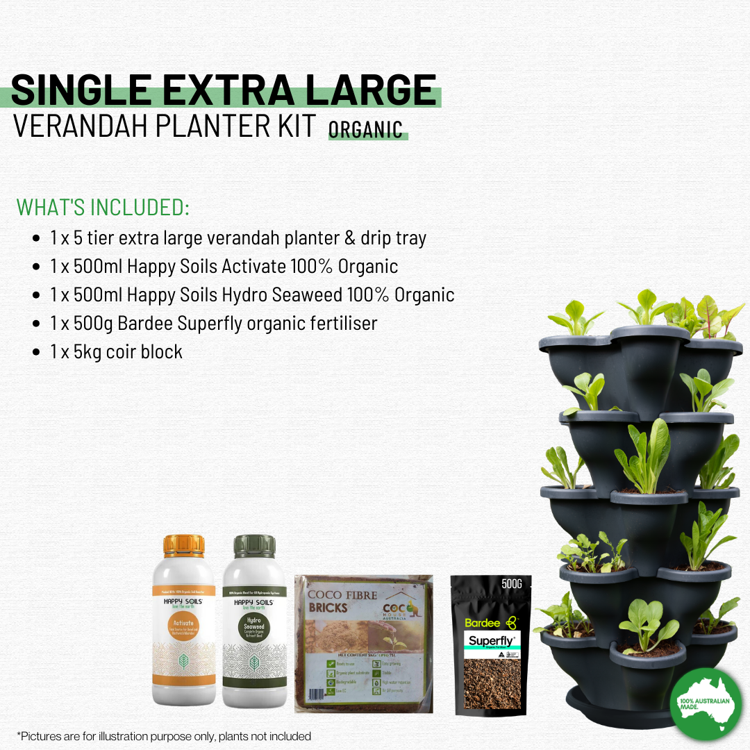 Single 5 Tier Extra Large Verandah Planter Garden Kit (Inc Coir, A & B Nutrient and Bardee Superfly Organic Booster) - Charcoal
