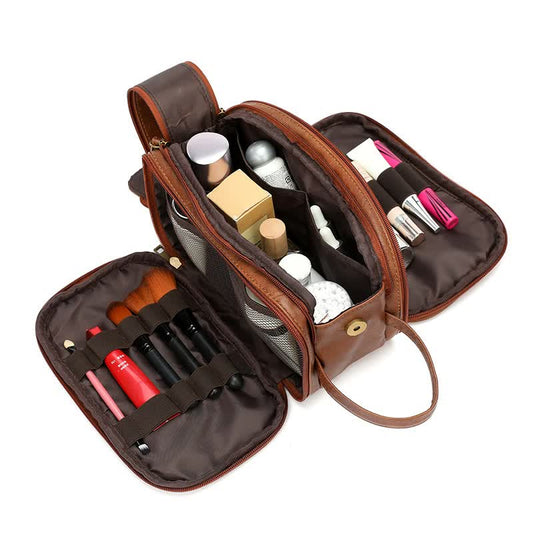 Black Vintage Leather Makeup Bag with Multi-Compartment Organizer - Travel Cosmetic Case