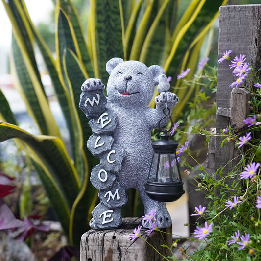 Solar-Powered Welcome Bear Statue with LED Lantern - Outdoor Garden & Patio Decor