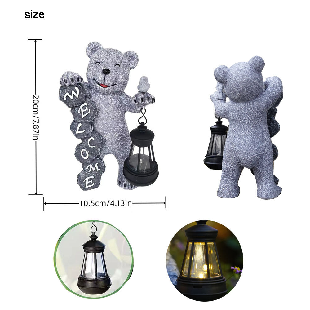 Solar-Powered Welcome Bear Statue with LED Lantern - Outdoor Garden & Patio Decor
