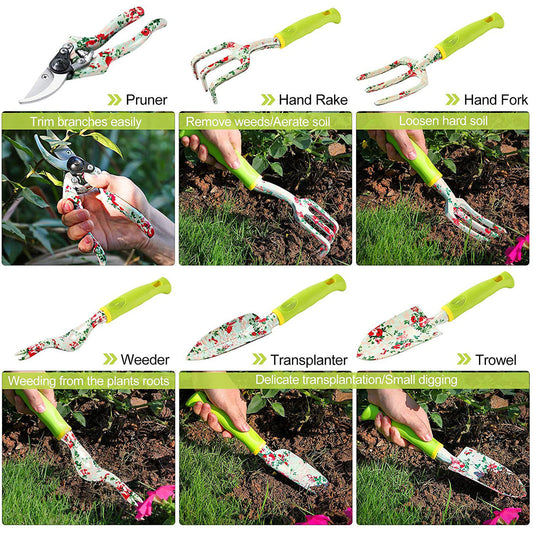 Green 9-Piece Floral Garden Tool Set for Women – Complete Gardening Kit with Tote Bag, Pruners, and Gloves