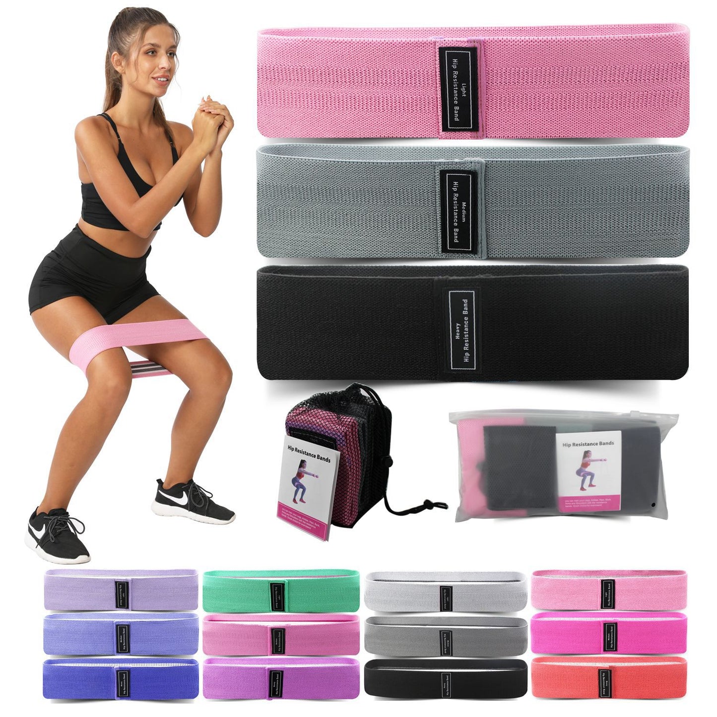 Green-Pink-Purple Fabric Resistance Bands Set - 3 Levels Non-Slip Hip Bands for Strength Training
