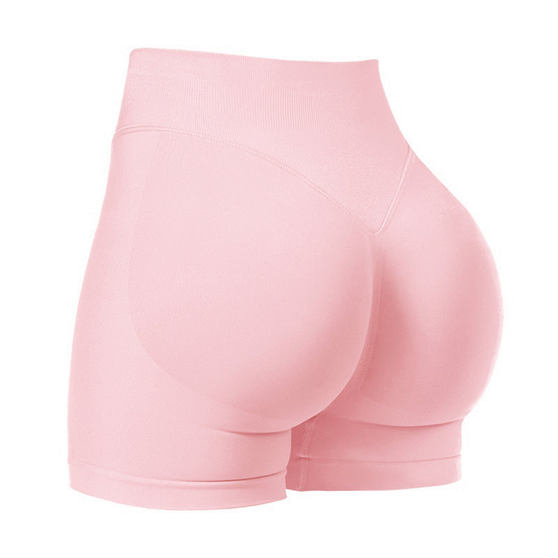 L Pink High-Elastic Hip Yoga Shorts - Seamless Mid-Intensity Pilates Workout Shorts