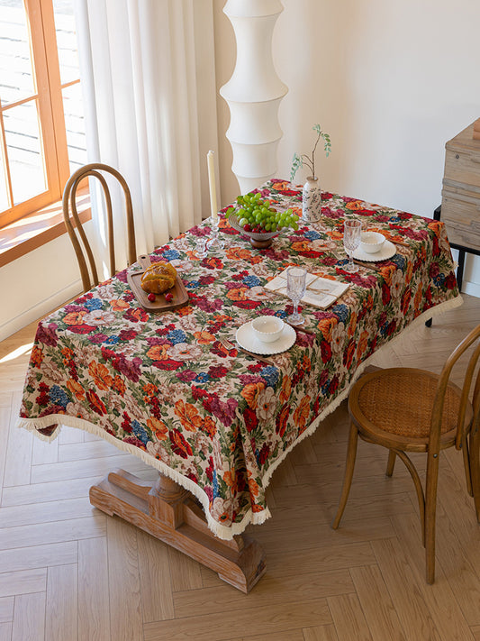 Floral Cotton Linen Tablecloth | Vintage Style Country Garden Design, 90x90cm