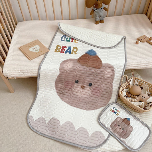 Cute Bear Pattern 2 Piece Set Kids Cooling Pad Set - 60x120cm Cartoon Latex Mattress Protector, Pillow