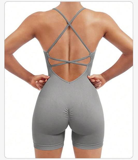 Size XS Light Grey Nylon Seamless Yoga Bodysuit - Women's Athletic Romper, Crisscross Back, Workout Jumpsuit