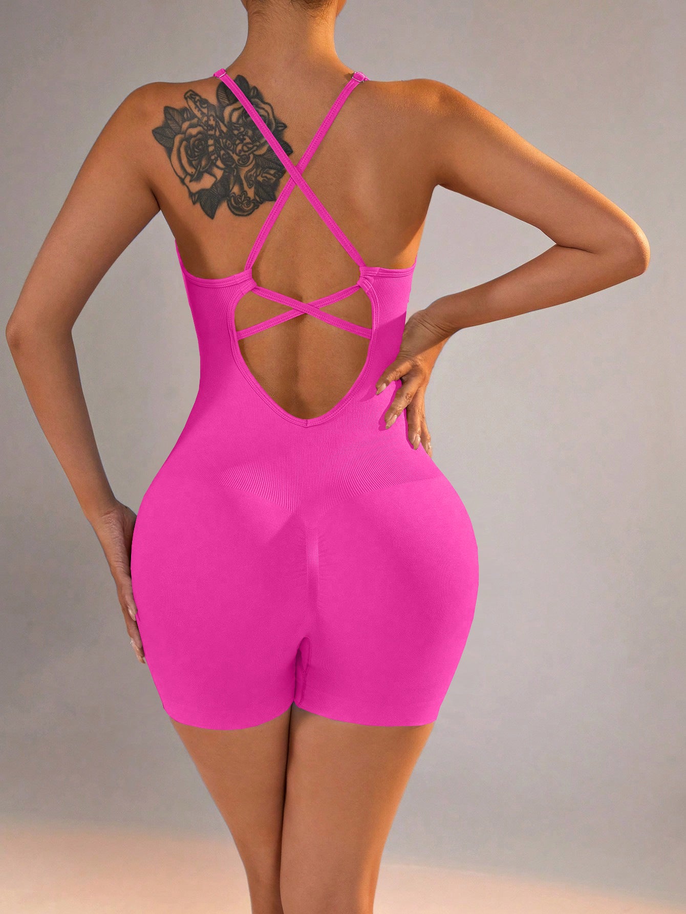 Size S Rose Red Grey Nylon Seamless Yoga Bodysuit - Women's Athletic Romper, Crisscross Back, Workout Jumpsuit