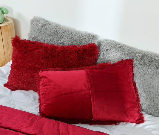 Claret Faux Fur Pillowcase Set - Crystal Velvet Plush Throw Pillow Covers, Bedding Accent (50x70cm, Pair)