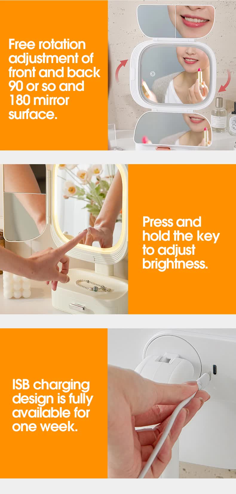 White LED Lighted Tri-Fold Makeup Mirror with Storage Drawer & Magnification(USB Charging Port)