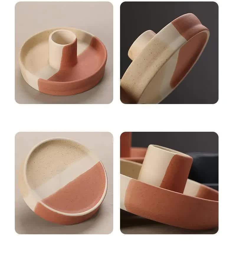 2 Pcs Blue, White And Yellow Stitching Straight Bottom Nordic Ceramic Candle Holder with Jewelry Dish - Elegant Minimalist Home Decor Piece