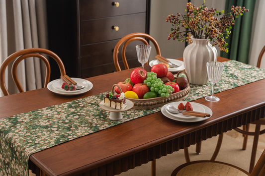 Floral Table Runner with Tassels - Jacquard Green Farmhouse Style (33x180cm)