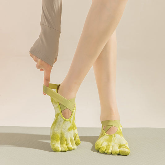 2 pairs Black tie-dye Non-Slip Yoga Socks for Women - Five-Toe Cotton Blend Socks for Pilates and Indoor Sports