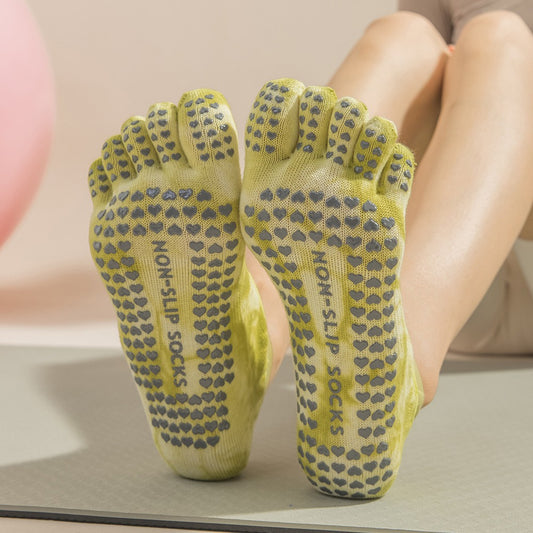 2 Pairs Light Green Tie-Dye Non-Slip Yoga Socks for Women - Five-Toe Cotton Blend Socks for Pilates and Indoor Sports