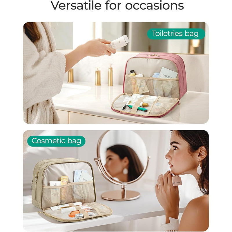 Pink Large Capacity Travel Toiletry Bag with Wide Opening - Puffy Nylon Makeup Organizer with Waterproof PVC Layer