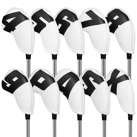 Black Words On White Background PU Leather Golf Iron Headcovers Set (10pcs) - Numbered Protective Club Covers (4-9, P, A, S, L) Universal Fit