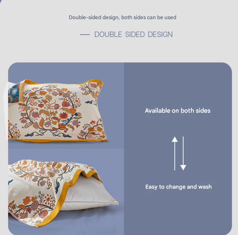 Single Blue Flower Butterfly Pillow Towel Premium Cotton Gauze Pillow Towel Pair - Simple Nordic Style (52x75cm)